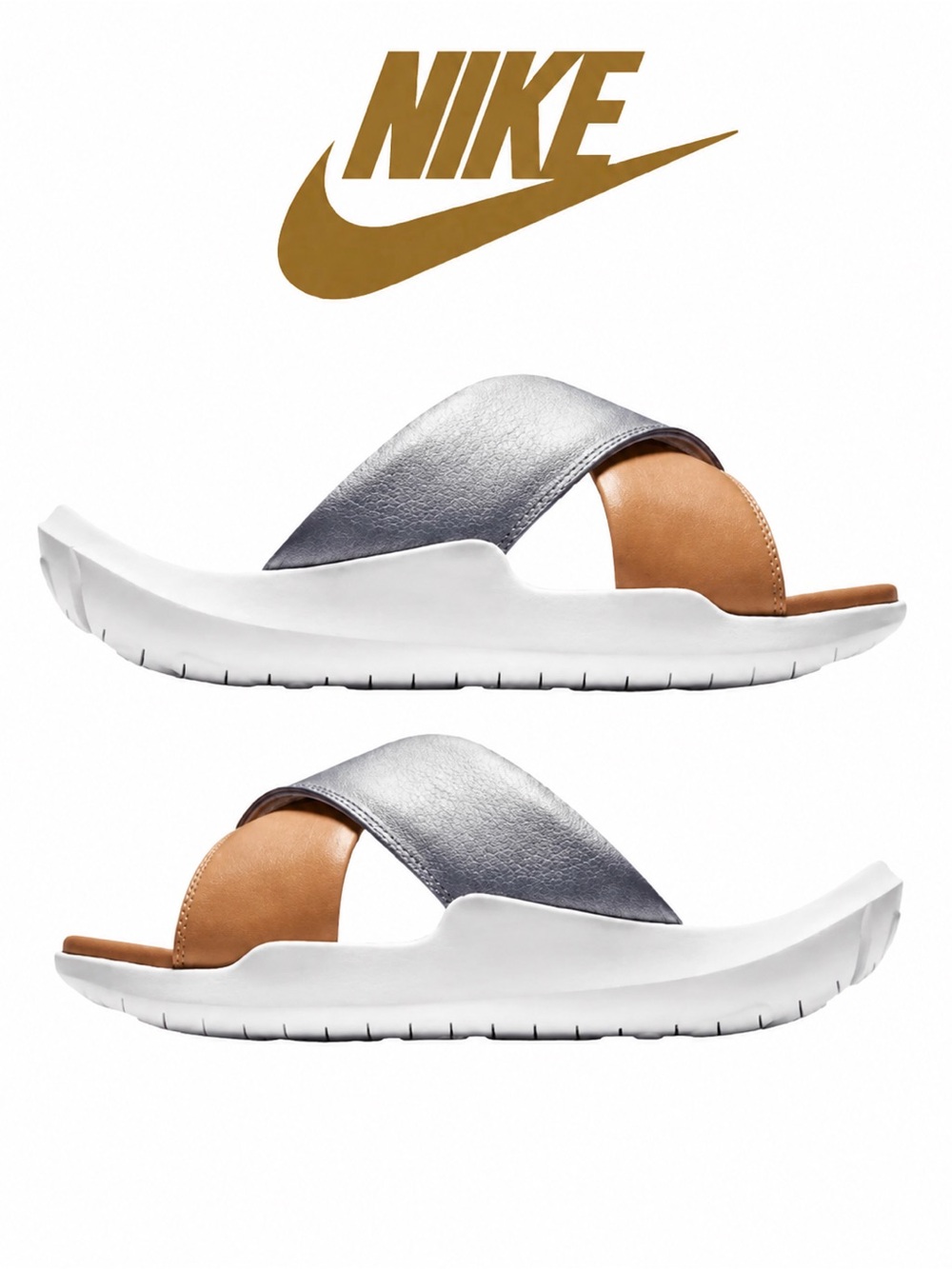 Womans Nike Benassi Future Cross Slide Sandals Metallic Silver Tan Size 6‎